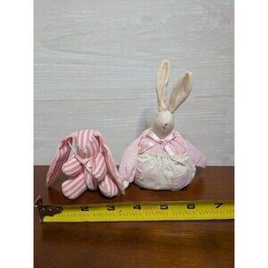 VINTAGE RARE Primitive Easter Bunny Fabric Plush Duo Pink Stripe Floral Set 6"